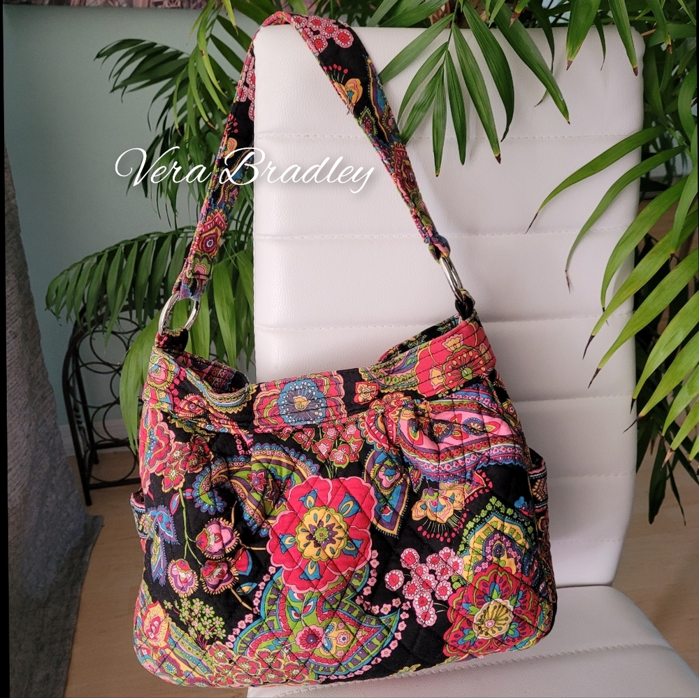 Vera Bradley Black Multicolor Floral Quilted Hobo Bag